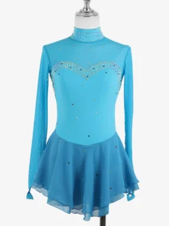 Robe de patinage artistique pour femmes haute élasticité manches longues maille crochet diamant robe de compétition de danse sur glace