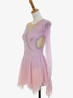 Robe de patinage artistique rose pailletée à strass manches longues costume de patinage pour tous les âges