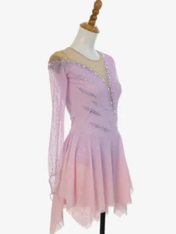 Robe de patinage artistique rose pailletée à strass manches longues costume de patinage pour tous les âges