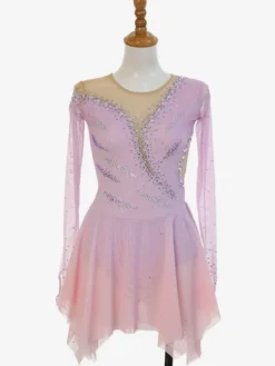 Robe de patinage artistique rose pailletée à strass manches longues costume de patinage pour tous les âges