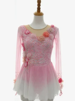 Robe de patinage artistique rose pour femmes et filles patchwork poudré dos ouvert en maille haute élasticité tenue d'entraînement et de compétition cristal classique / Rh