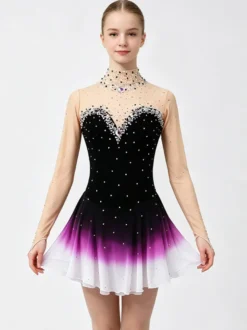 Robe de patinage artistique violette pour femmes et filles robe verte bleue très élastique pour l'entraînement et la compétition manches longues classiques ornées de cristaux et strass.