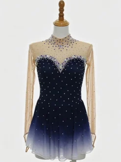 Robe de patinage artistique violette pour femmes et filles robe verte bleue très élastique pour l'entraînement et la compétition manches longues classiques ornées de cristaux et strass.