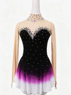 Robe de patinage artistique violette pour femmes et filles robe verte bleue très élastique pour l'entraînement et la compétition manches longues classiques ornées de cristaux et strass.