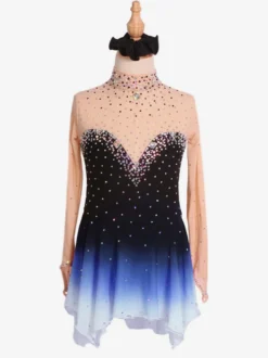 Robe de patinage artistique violette pour femmes et filles robe verte bleue très élastique pour l'entraînement et la compétition manches longues classiques ornées de cristaux et strass.