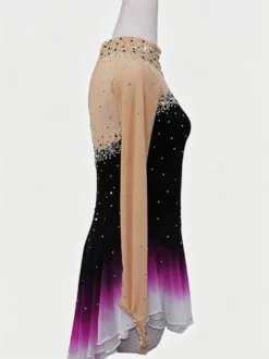 Robe de patinage artistique violette pour femmes et filles robe verte bleue très élastique pour l'entraînement et la compétition manches longues classiques ornées de cristaux et strass.