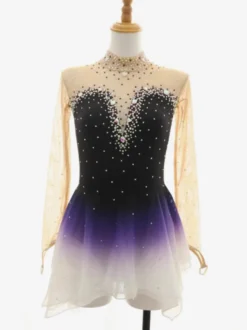 Robe de patinage artistique violette pour femmes et filles robe verte bleue très élastique pour l'entraînement et la compétition manches longues classiques ornées de cristaux et strass.