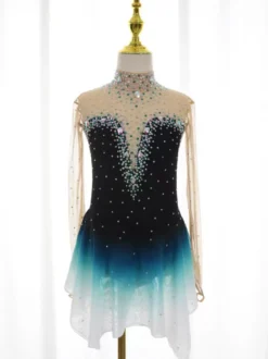 Robe de patinage artistique violette pour femmes et filles robe verte bleue très élastique pour l'entraînement et la compétition manches longues classiques ornées de cristaux et strass.