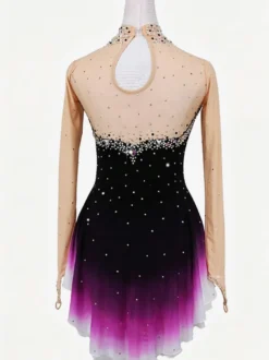 Robe de patinage artistique violette pour femmes et filles robe verte bleue très élastique pour l'entraînement et la compétition manches longues classiques ornées de cristaux et strass.