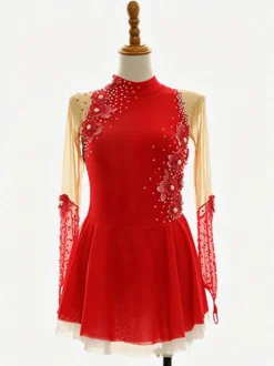 Robe de patinage artistique violette pour femmes et filles robe verte bleue très élastique pour l'entraînement et la compétition manches longues ornées de cristaux et strass.