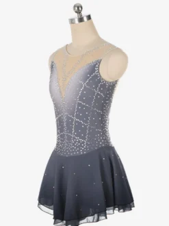 Robe de patinage artistique violet foncé sans manches en résille strassée tenue de compétition