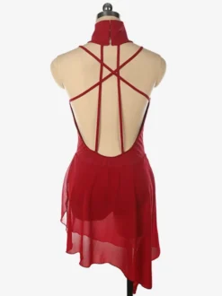 Robe de patinage bordeaux à col montant sans manches dos nu et bretelles croisées