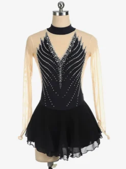 Robe de patinage dos nu foncé col montant perles et maille pour femmes et filles