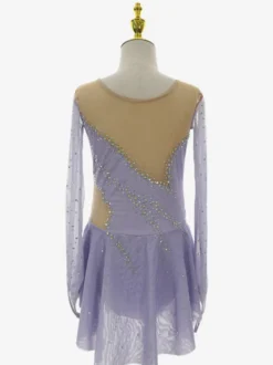 Robe de patinage lavande élégante à manches longues ornée de perles pour femmes et filles