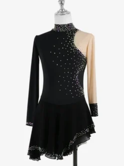 Robe de patinage noire élégante à manches longues en maille ornée de perles et de strass. Costumes de patinage.