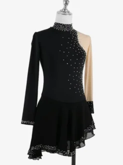 Robe de patinage noire élégante à manches longues en maille ornée de perles et de strass. Costumes de patinage.