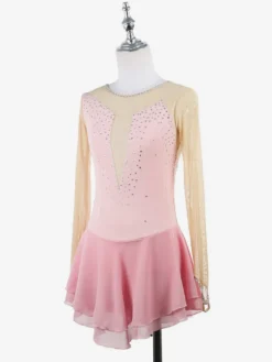 Robe de patinage rose nude à manches longues en résille et strass pour femmes et filles