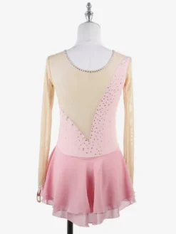 Robe de patinage rose nude à manches longues en résille et strass pour femmes et filles