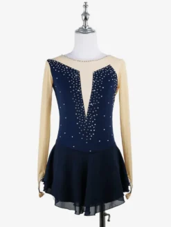 Robe de patinage rose nude à manches longues en résille et strass pour femmes et filles