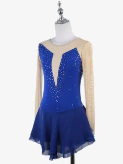 Robe de patinage rose nude à manches longues en résille et strass pour femmes et filles