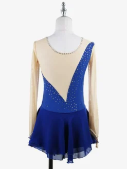 Robe de patinage rose nude à manches longues en résille et strass pour femmes et filles