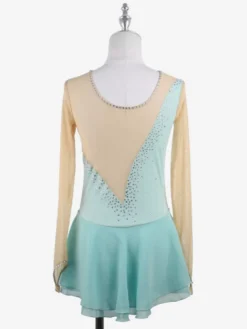 Robe de patinage rose nude à manches longues en résille et strass pour femmes et filles
