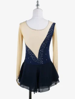 Robe de patinage rose nude à manches longues en résille et strass pour femmes et filles