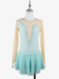 Robe de patinage rose nude à manches longues en résille et strass pour femmes et filles