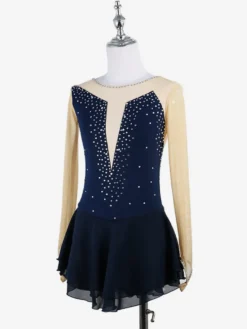 Robe de patinage rose nude à manches longues en résille et strass pour femmes et filles