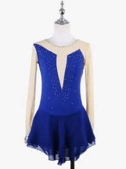 Robe de patinage rose nude à manches longues en résille et strass pour femmes et filles