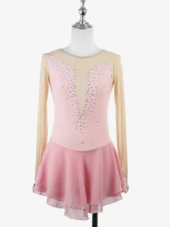 Robe de patinage rose nude à manches longues en résille et strass pour femmes et filles