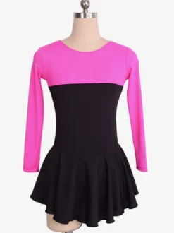Robe De Patinage Rose Polyester Manches Longues Costumes De Danse Bicolore