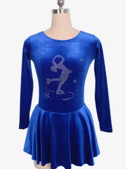 Robe De Patinage Royal Blue Velvet Perles Plissée Costumes De Danse Déguisements Halloween