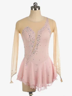 Robe de patinage Royle Blue manches longues couleur chair encolure perlée costumes de patinage pour femmes et filles