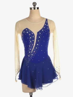 Robe de patinage Royle Blue manches longues couleur chair encolure perlée costumes de patinage pour femmes et filles