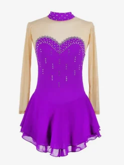 Robe de patinage violette à décolleté cœur et strass manches longues couleur chair pour femmes et filles