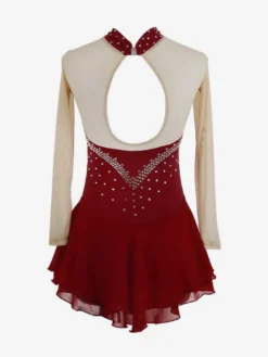 Robe de patinage violette à décolleté cœur et strass manches longues couleur chair pour femmes et filles