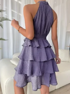 Robe de Patineuse Courte en Mousseline avec Bretelles à Col Rond avec Epaule Dénudée Coupe Cintrée à Lacets Unicolore
