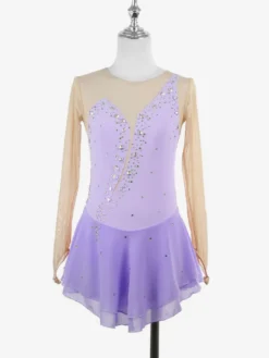 Robe de patineuse jaune pour femme/fille manches longues couleur chair ornée de strass.