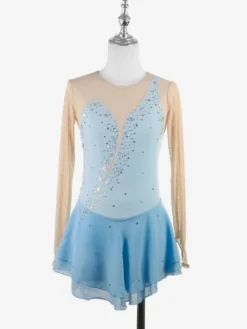 Robe de patineuse jaune pour femme/fille manches longues couleur chair ornée de strass.