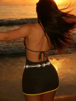 Robe de plage chic marron foncé mini sans manches à imprimé floral