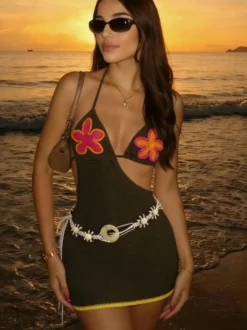 Robe de plage chic marron foncé mini sans manches à imprimé floral