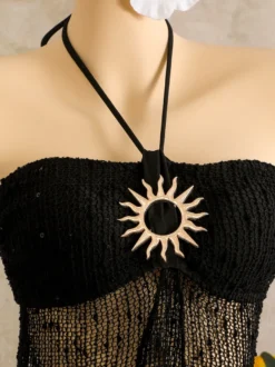 Robe de plage midi dos nu à boutons soleil en maille ajourée transparente