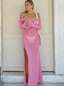 Robe de plage rose à épaules dénudées pour femme