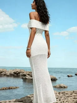 Robe de plage sirène en maille ajourée à épaules dénudées