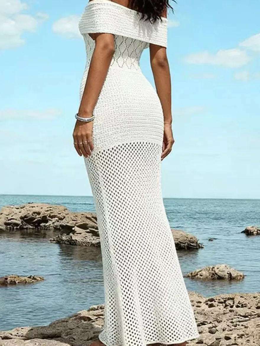 Robe de plage sirène en maille ajourée à épaules dénudées