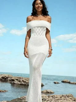 Robe de plage sirène en maille ajourée à épaules dénudées