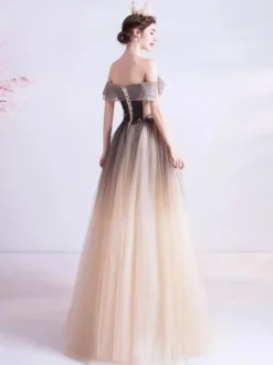 Robe de soirée A-ligne Bateau Neck Tulle Longueur ras du sol Robes de soirée formelles perlées