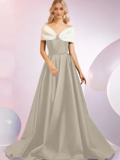 Robe de soirée A-Line Décolleté Balayage Manches courtes Fermeture éclair Nœuds Tissu satiné Robes de dîner formelles