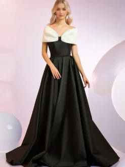 Robe de soirée A-Line Décolleté Balayage Manches courtes Fermeture éclair Nœuds Tissu satiné Robes de dîner formelles